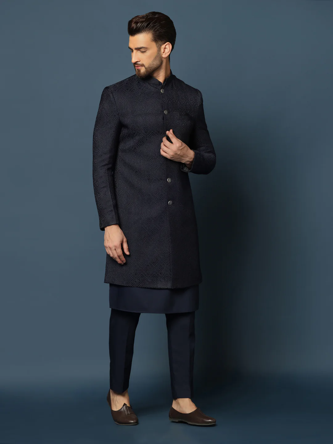 Navy Blue Woven Sherwani Trouser Set - Image 3