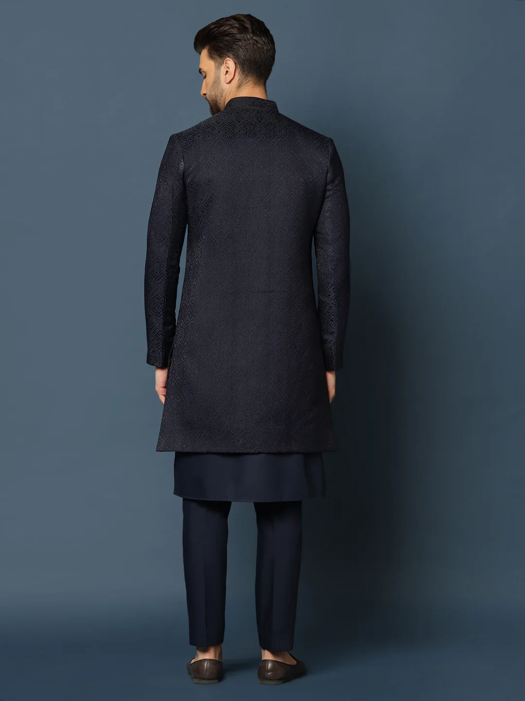 Navy Blue Woven Sherwani Trouser Set - Image 4