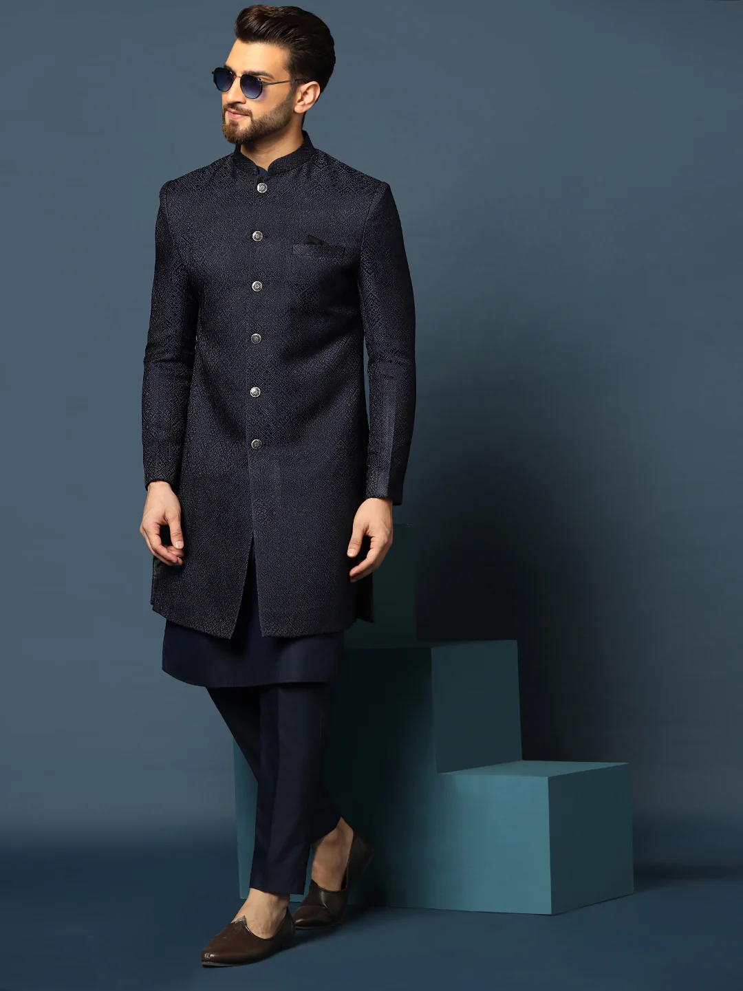 Navy Blue Woven Sherwani Trouser Set - Image 8