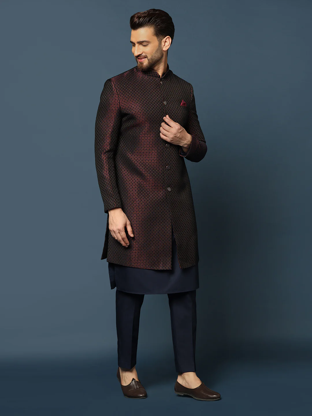 Wine Silk Blend Woven Sherwani Kurta Trouser Set - Image 3