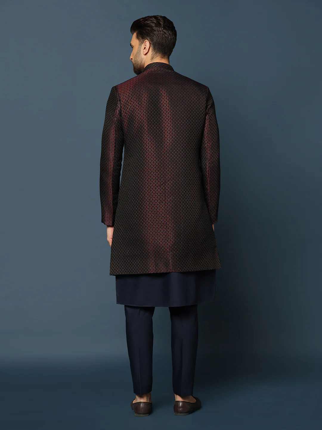 Wine Silk Blend Woven Sherwani Kurta Trouser Set - Image 4