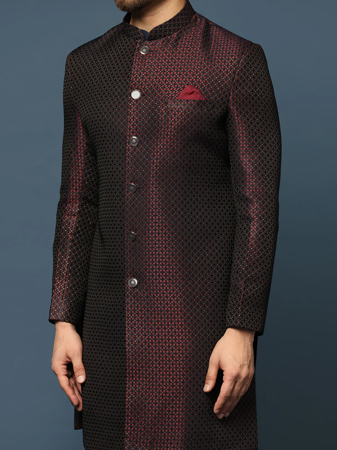 Wine Silk Blend Woven Sherwani Kurta Trouser Set - Image 6