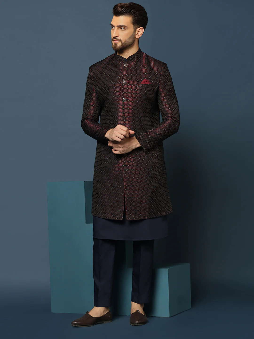 Wine Silk Blend Woven Sherwani Kurta Trouser Set - Image 8