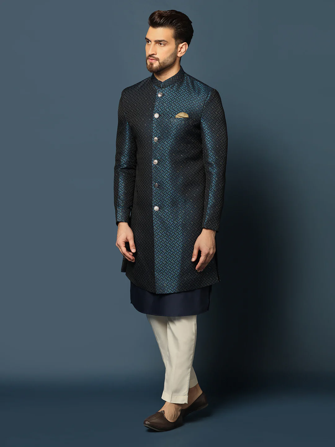 Navy Blue Silk Blend Indo-Western Sherwani Set with Jacquard Jacket, Kurta and Cream Trousers â€“ Wedding & Reception Ensemble - Image 2