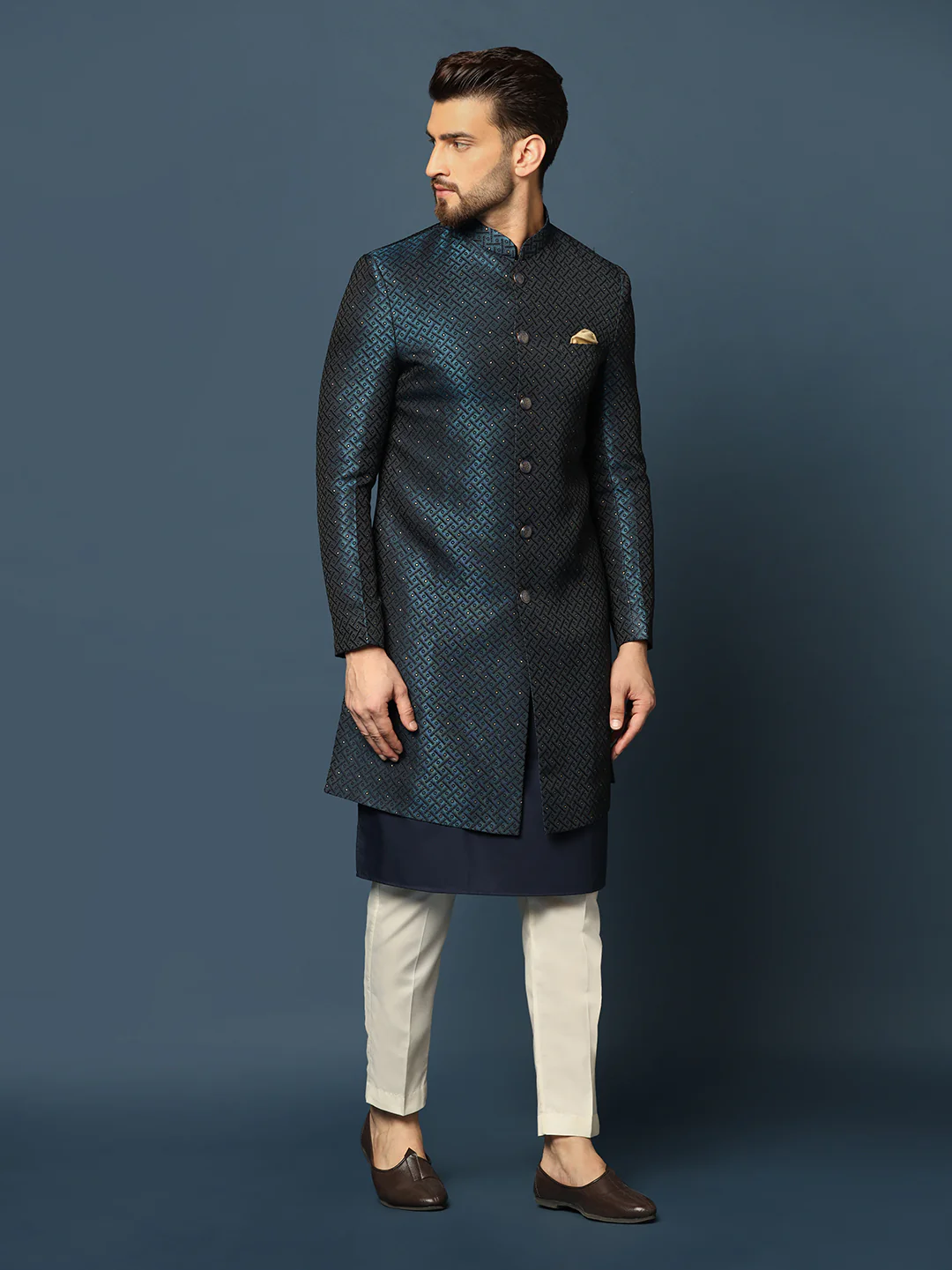 Navy Blue Silk Blend Indo-Western Sherwani Set with Jacquard Jacket, Kurta and Cream Trousers â€“ Wedding & Reception Ensemble - Image 3