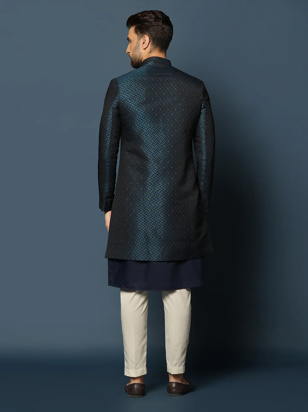 Navy Blue Silk Blend Indo-Western Sherwani Set with Jacquard Jacket, Kurta and Cream Trousers â€“ Wedding & Reception Ensemble - Image 4