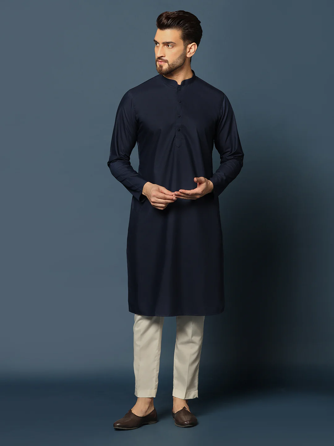 Navy Blue Silk Blend Indo-Western Sherwani Set with Jacquard Jacket, Kurta and Cream Trousers â€“ Wedding & Reception Ensemble - Image 5