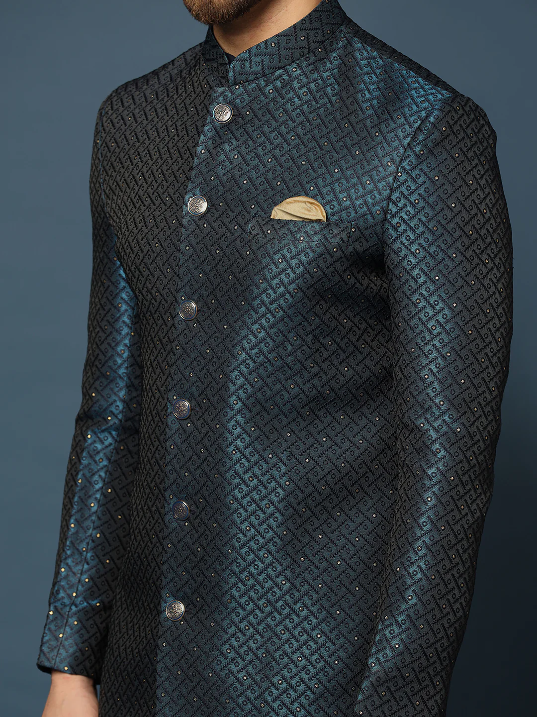 Navy Blue Silk Blend Indo-Western Sherwani Set with Jacquard Jacket, Kurta and Cream Trousers â€“ Wedding & Reception Ensemble - Image 6