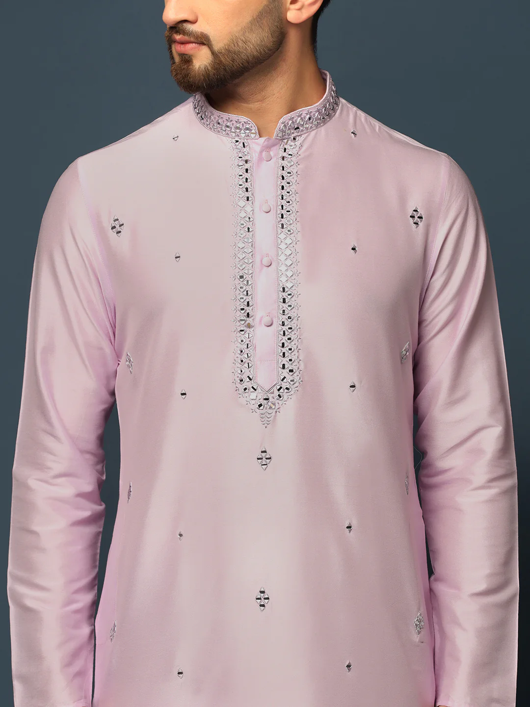 Men Light Pink Mirror Work Elegant Festive Kurta Set with Churidar - Image 5