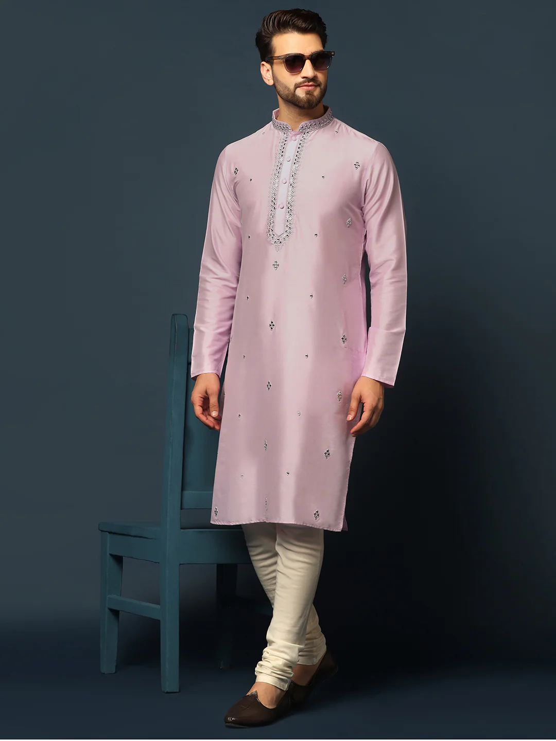 Men Light Pink Mirror Work Elegant Festive Kurta Set with Churidar - Image 7