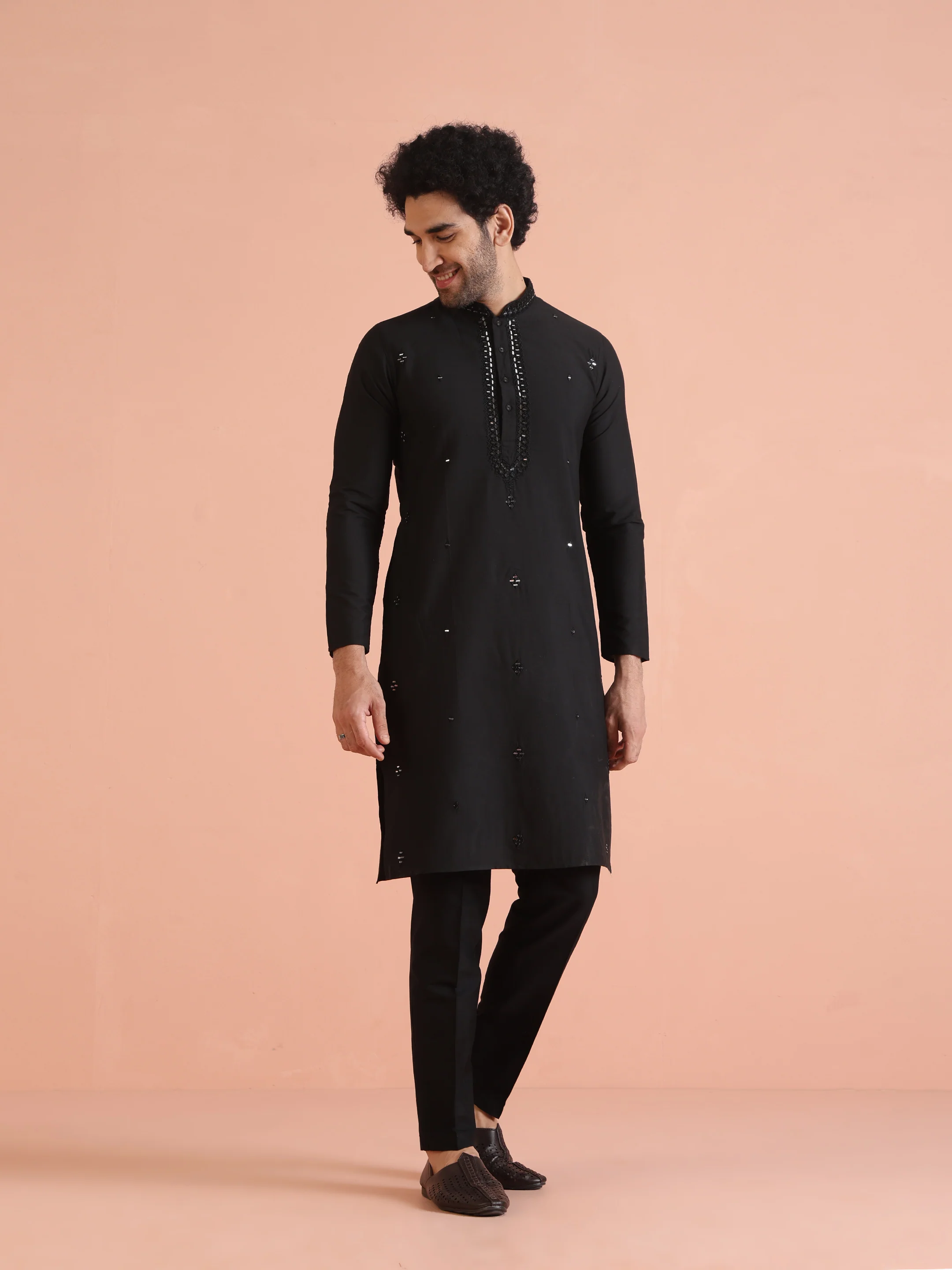 Black Cotton Mirror Work Kurta Trouser Set - Image 10