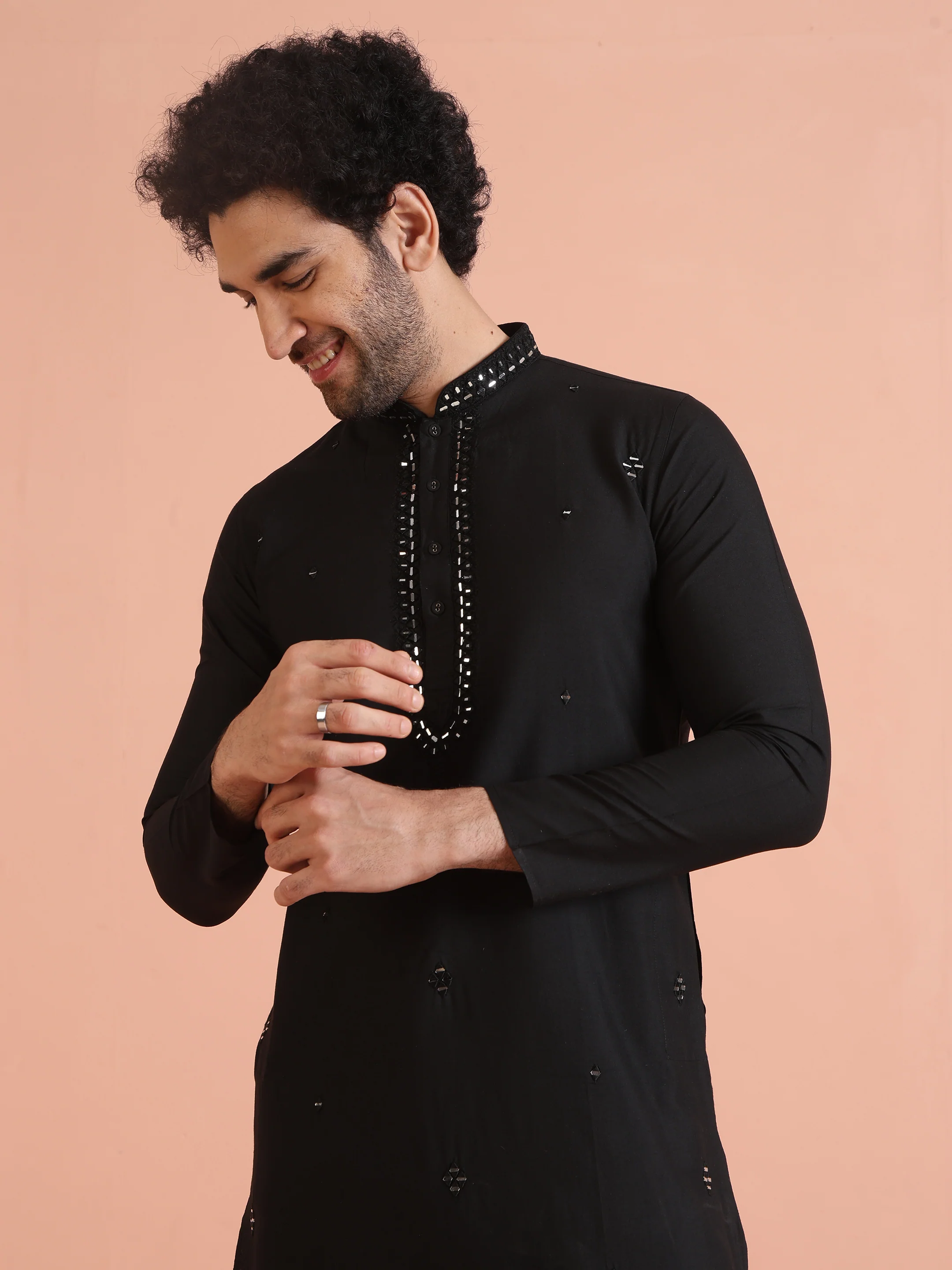 Black Cotton Mirror Work Kurta Trouser Set - Image 9