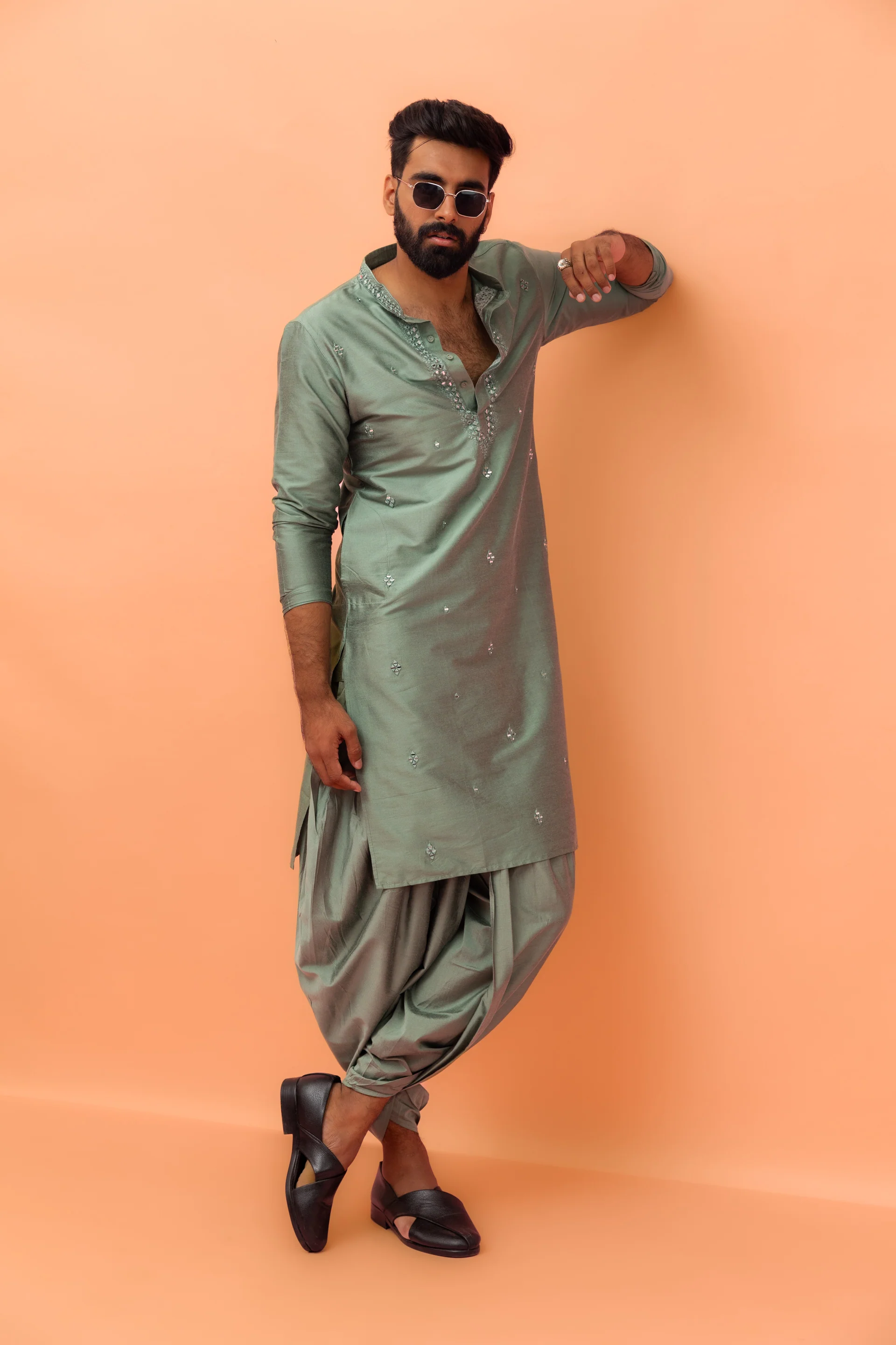 Sage Green Mirror Work Kurta with Dhoti - Image 3