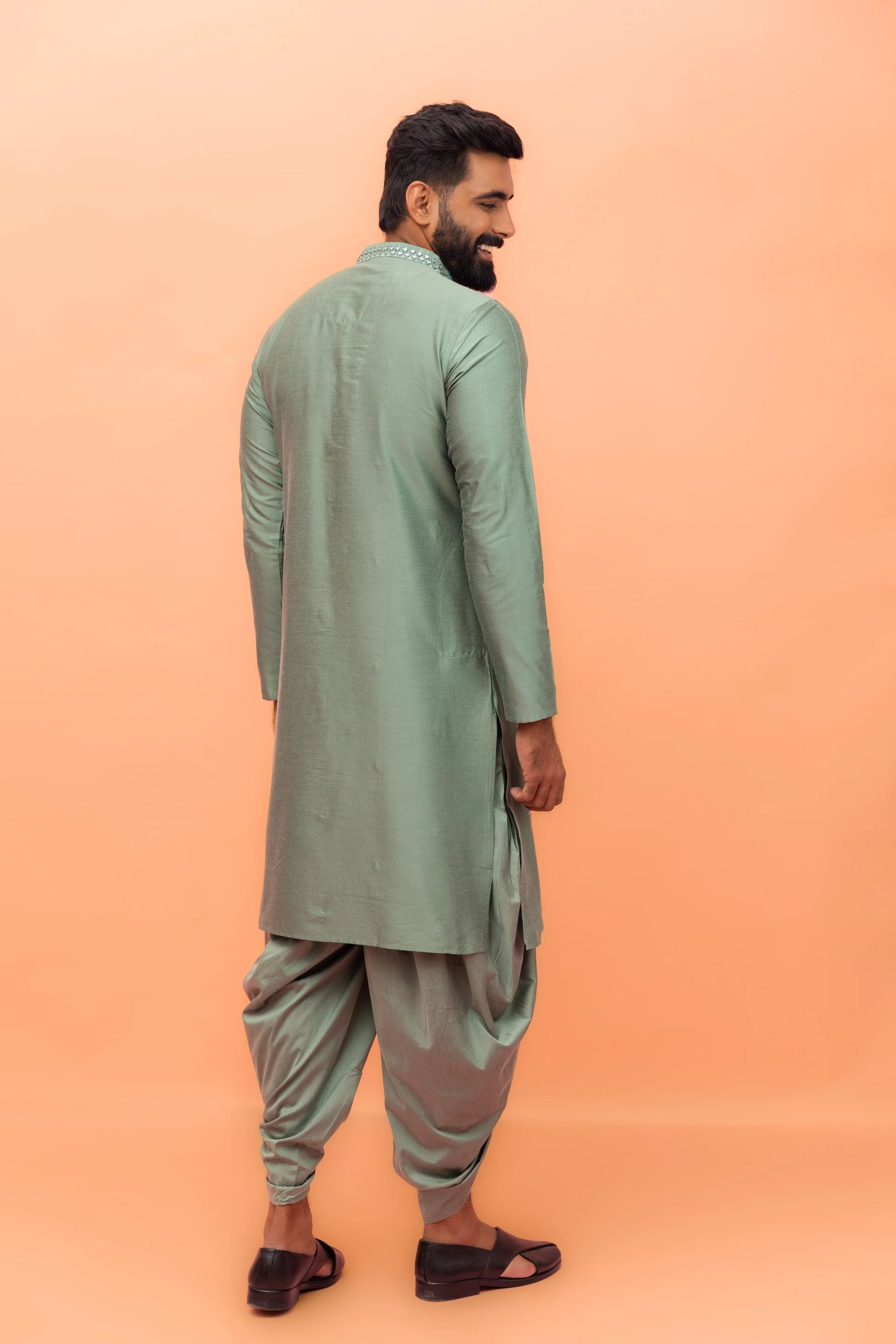 Sage Green Mirror Work Kurta with Dhoti - Image 4