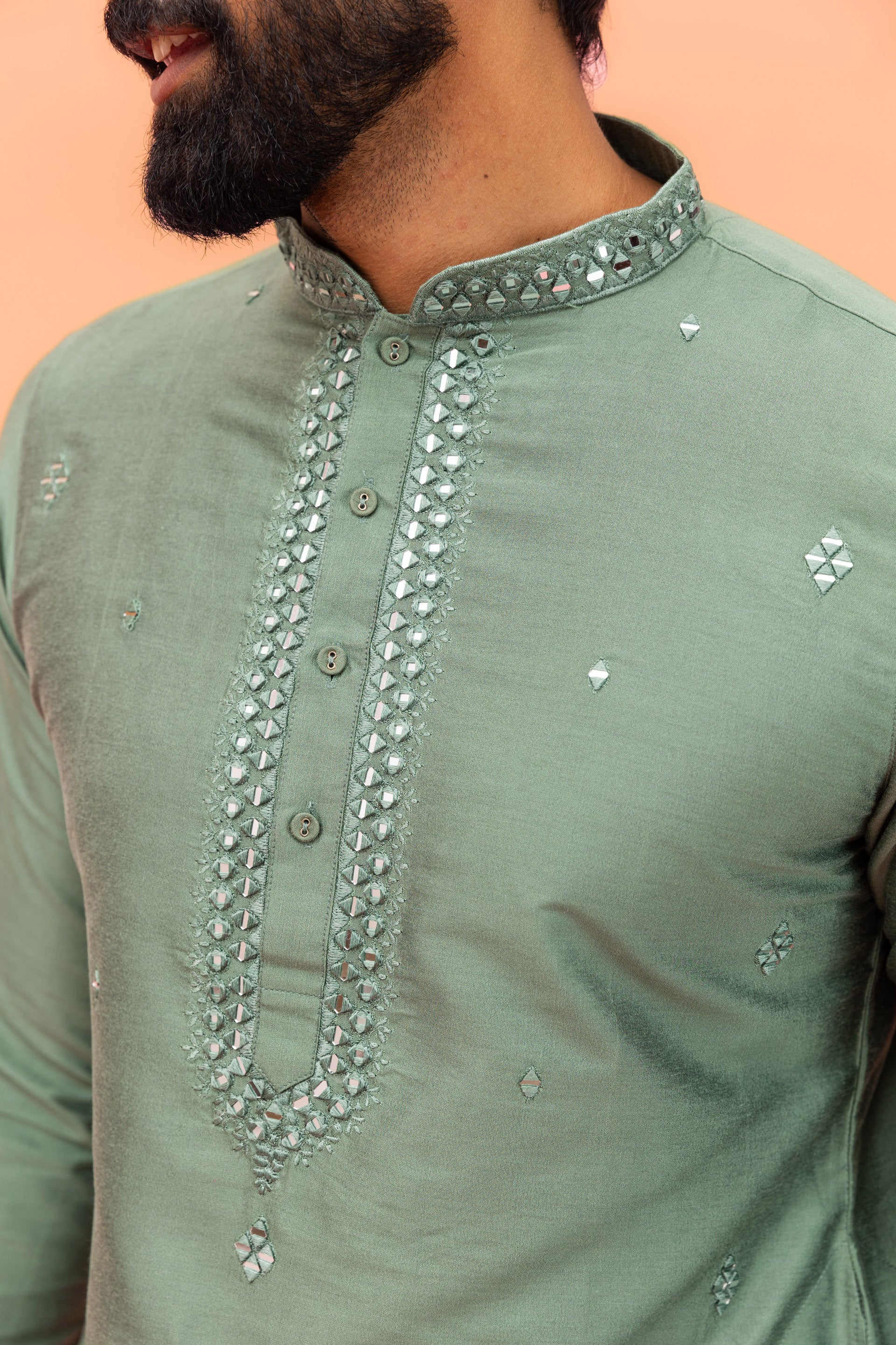 Sage Green Mirror Work Kurta with Dhoti - Image 5