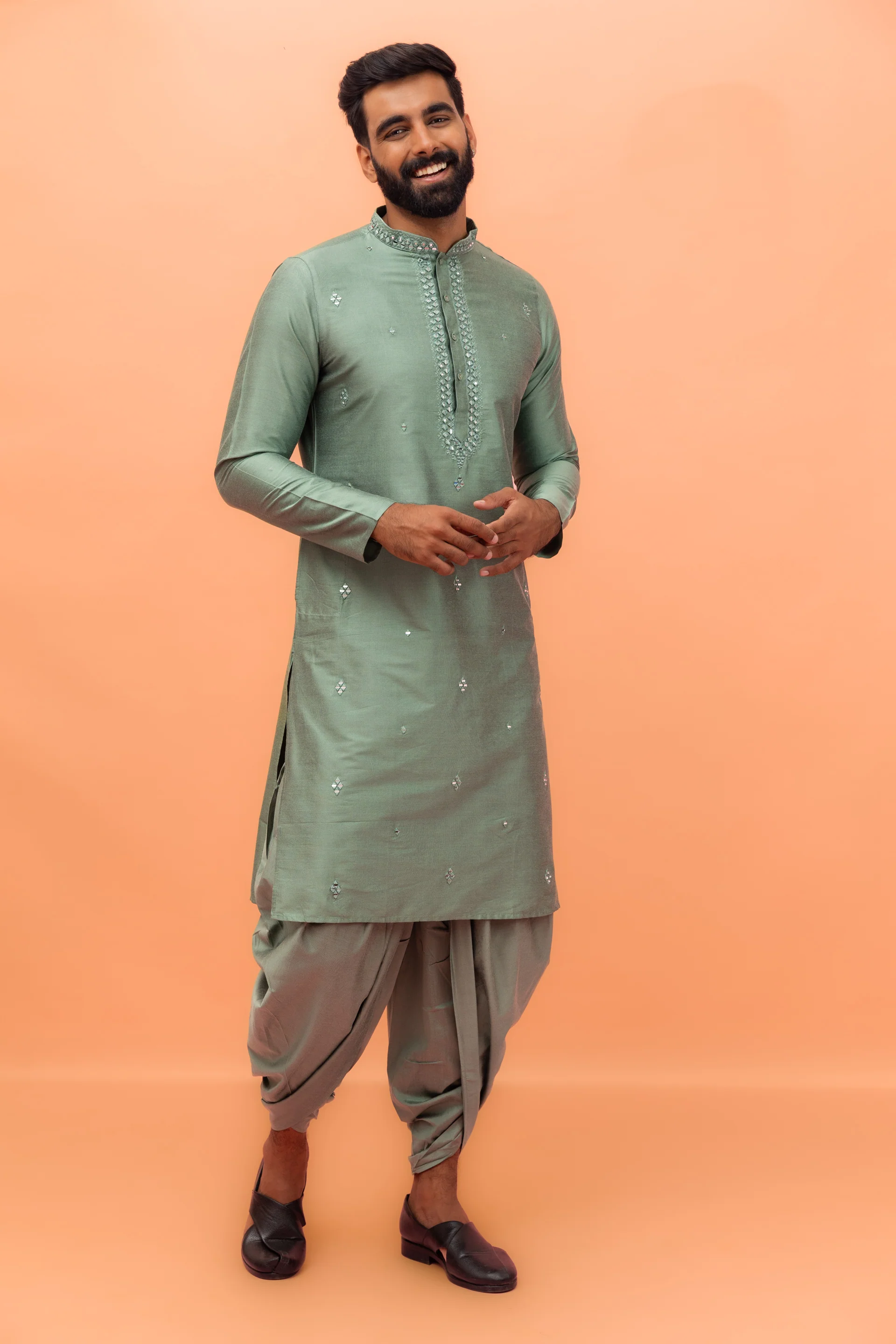 Sage Green Mirror Work Kurta with Dhoti - Image 7