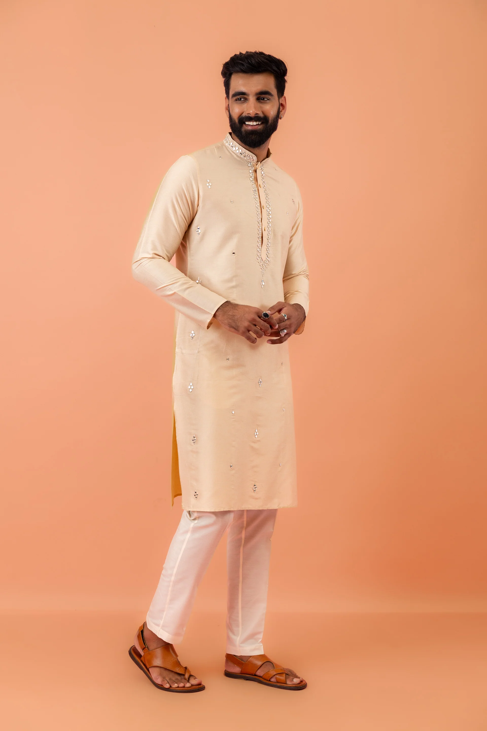 Beige Silk Blend Mirror Work Kurta Trouser - Image 3