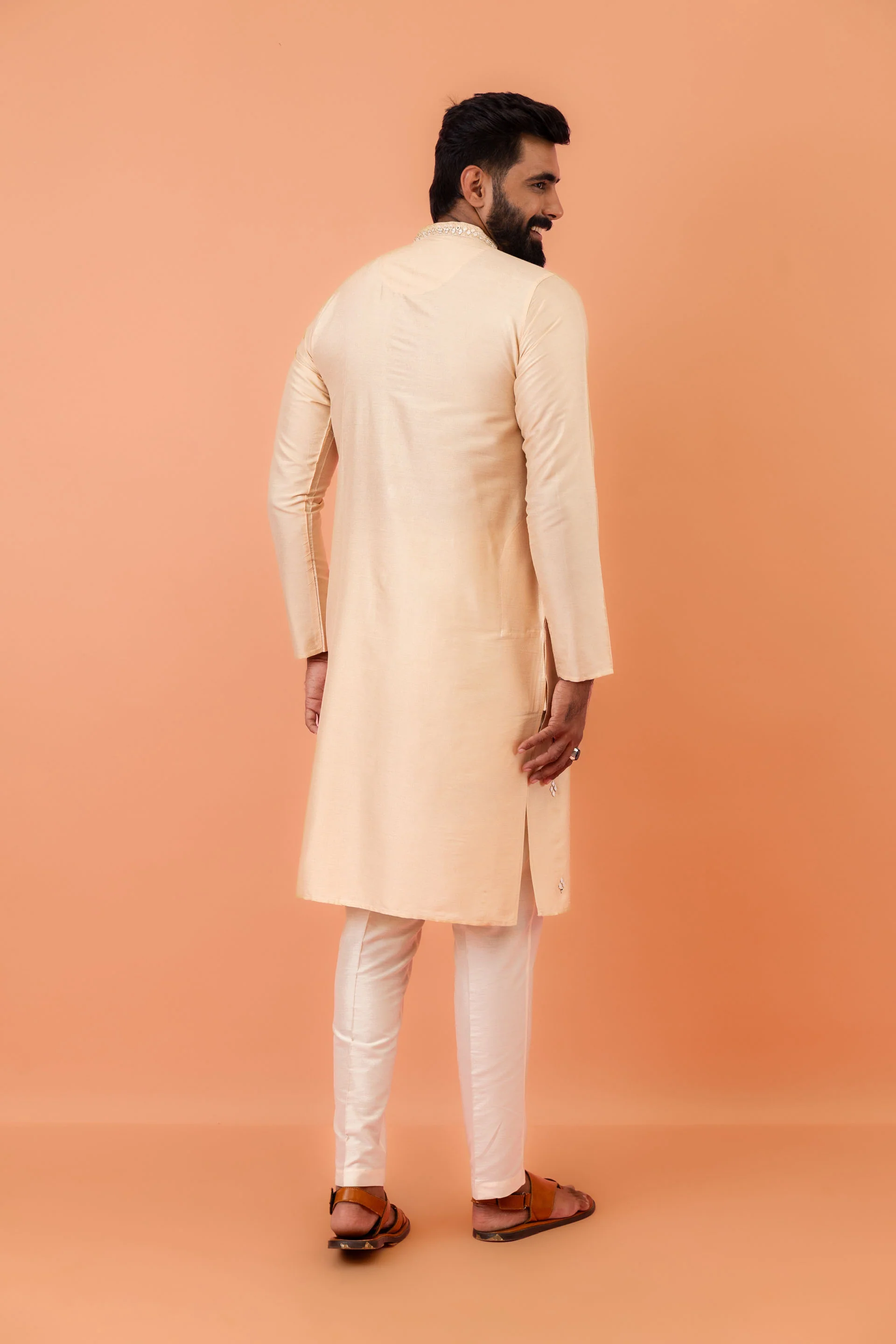 Beige Silk Blend Mirror Work Kurta Trouser - Image 4