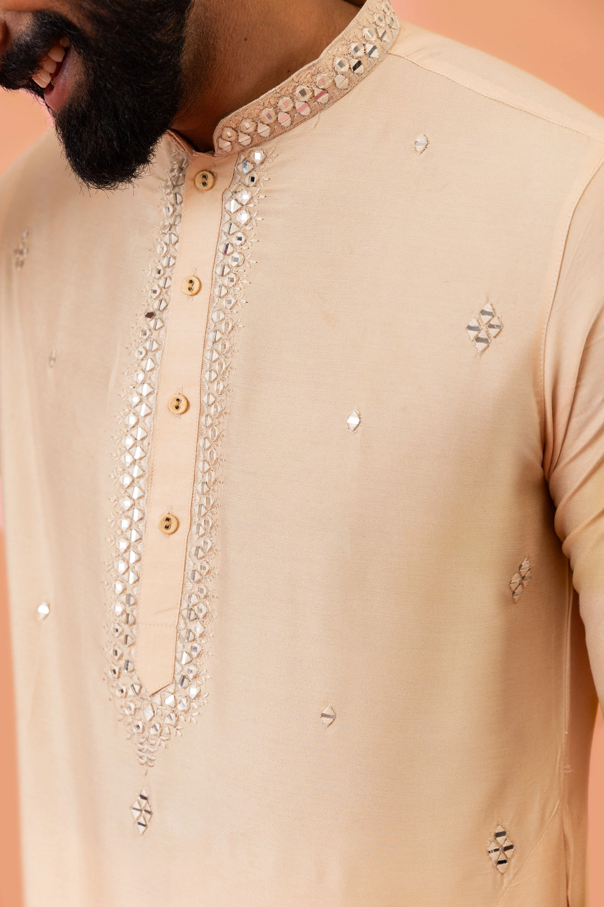 Beige Silk Blend Mirror Work Kurta Trouser - Image 5