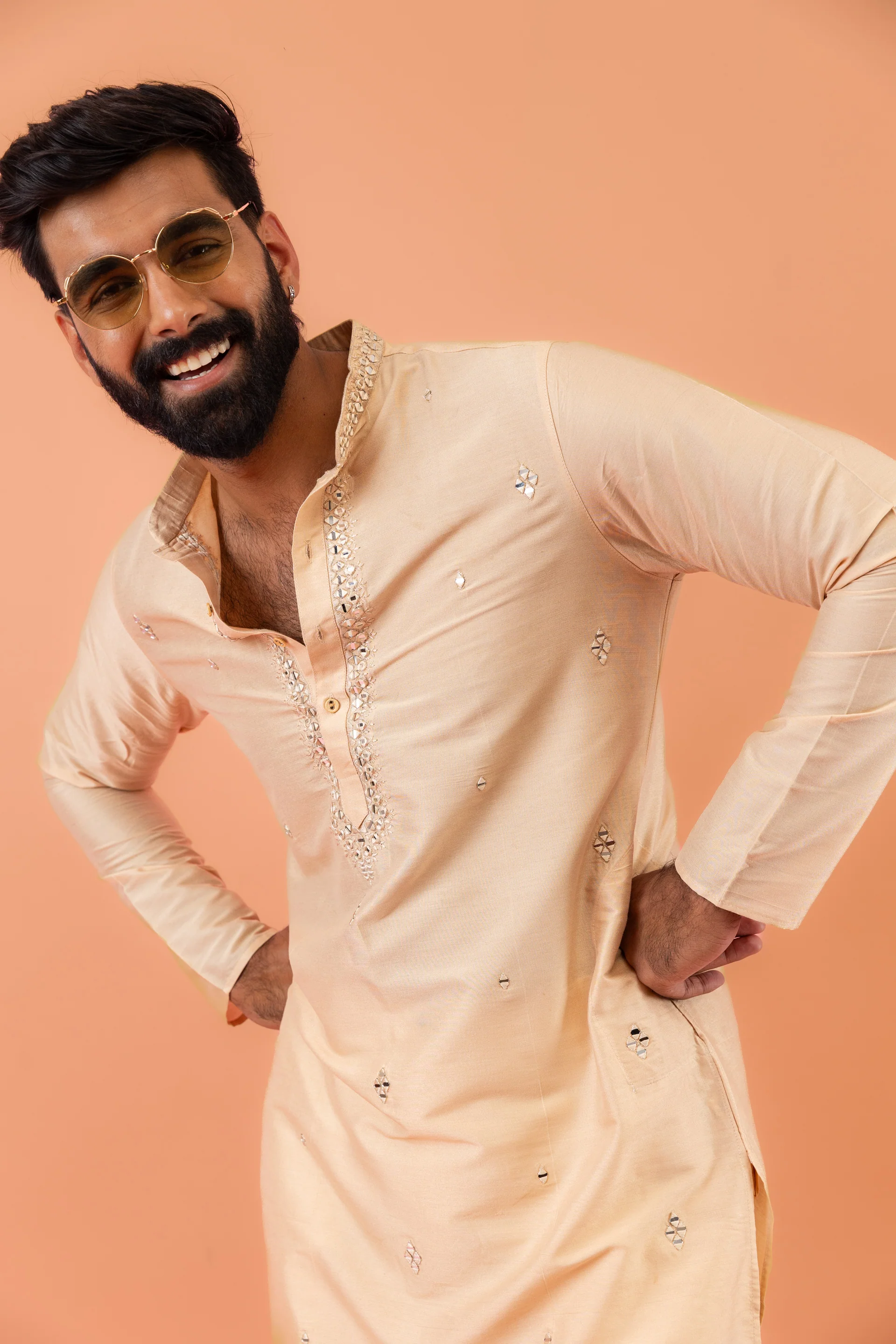 Beige Silk Blend Mirror Work Kurta Trouser - Image 7