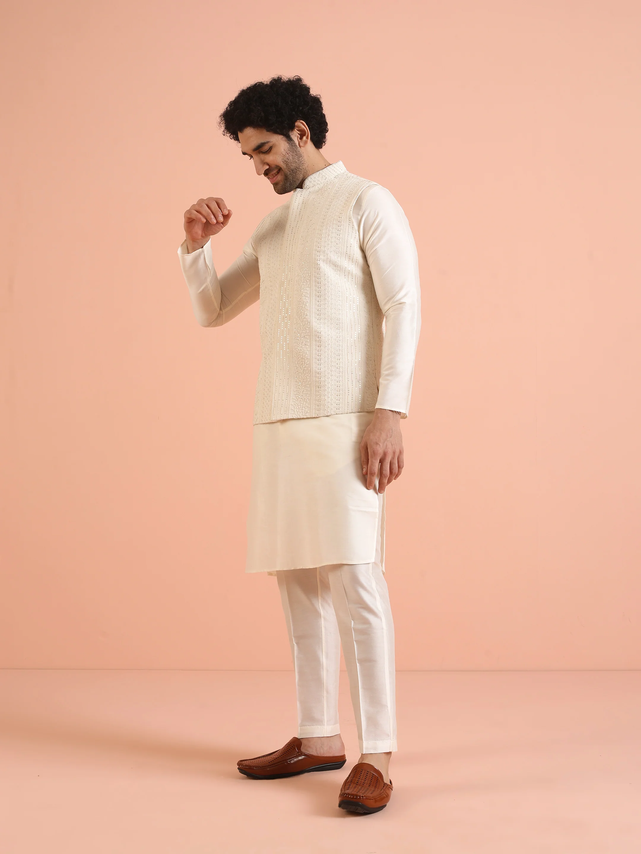 Cream Embroidered Nehru Jacket Kurta Set - Image 3
