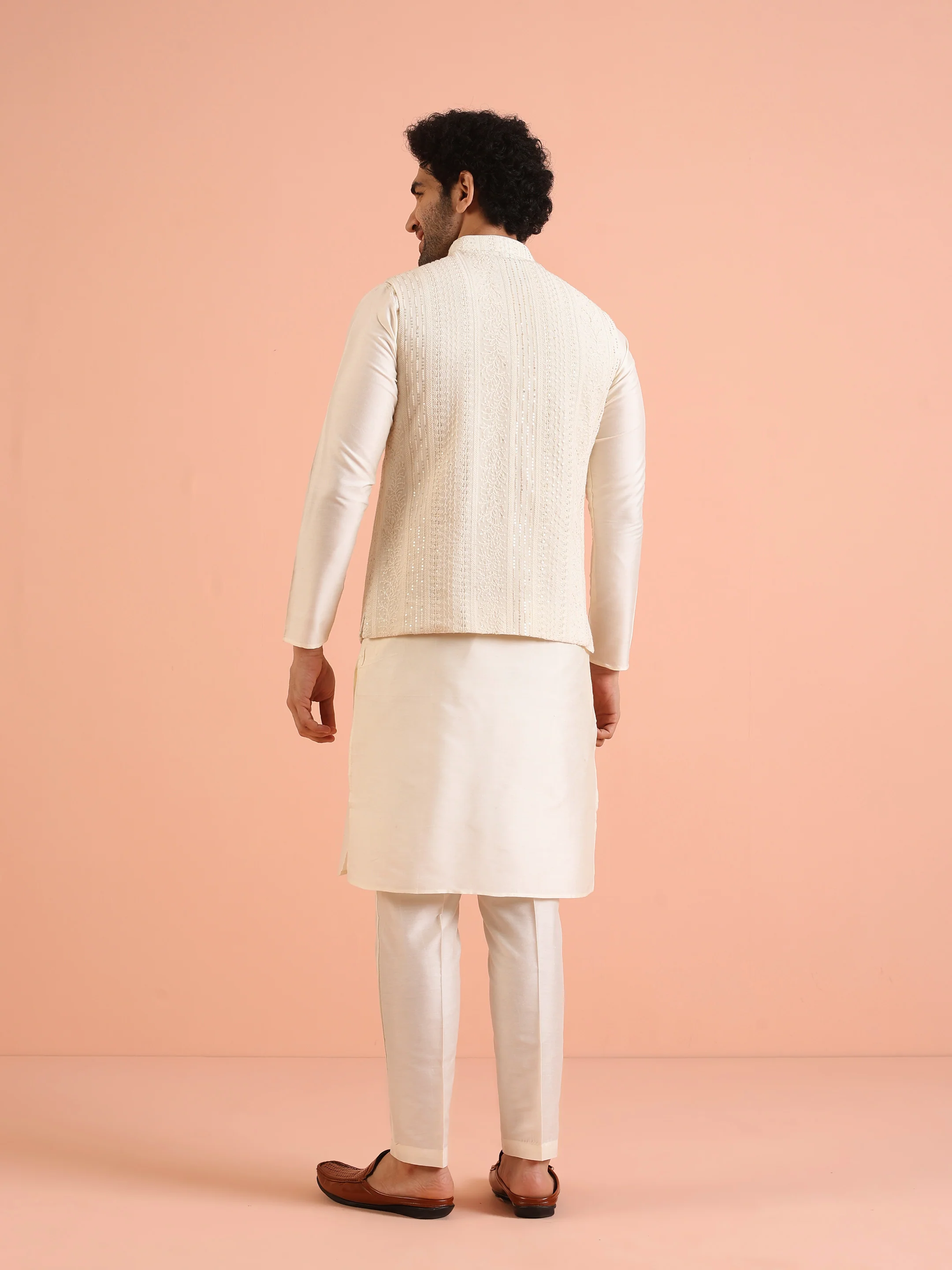 Cream Embroidered Nehru Jacket Kurta Set - Image 4