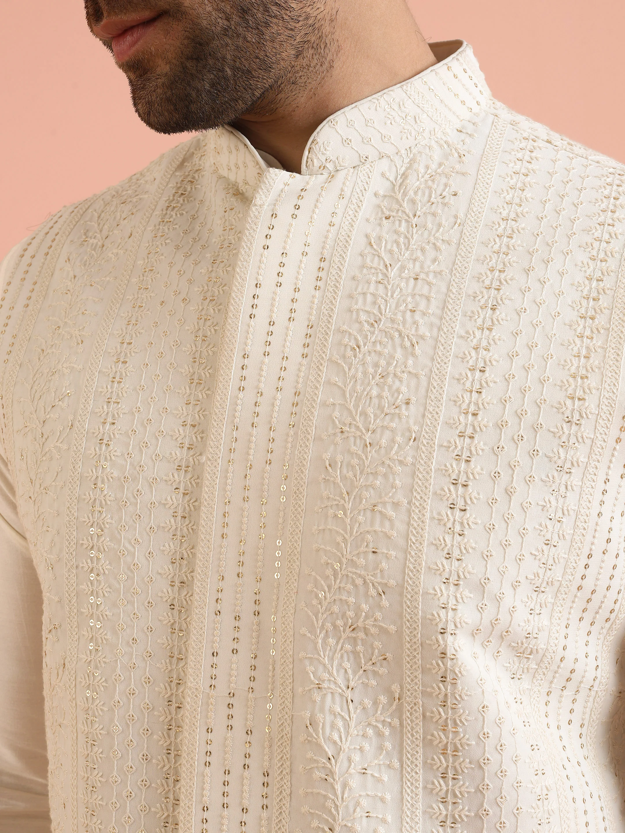 Cream Embroidered Nehru Jacket Kurta Set - Image 5
