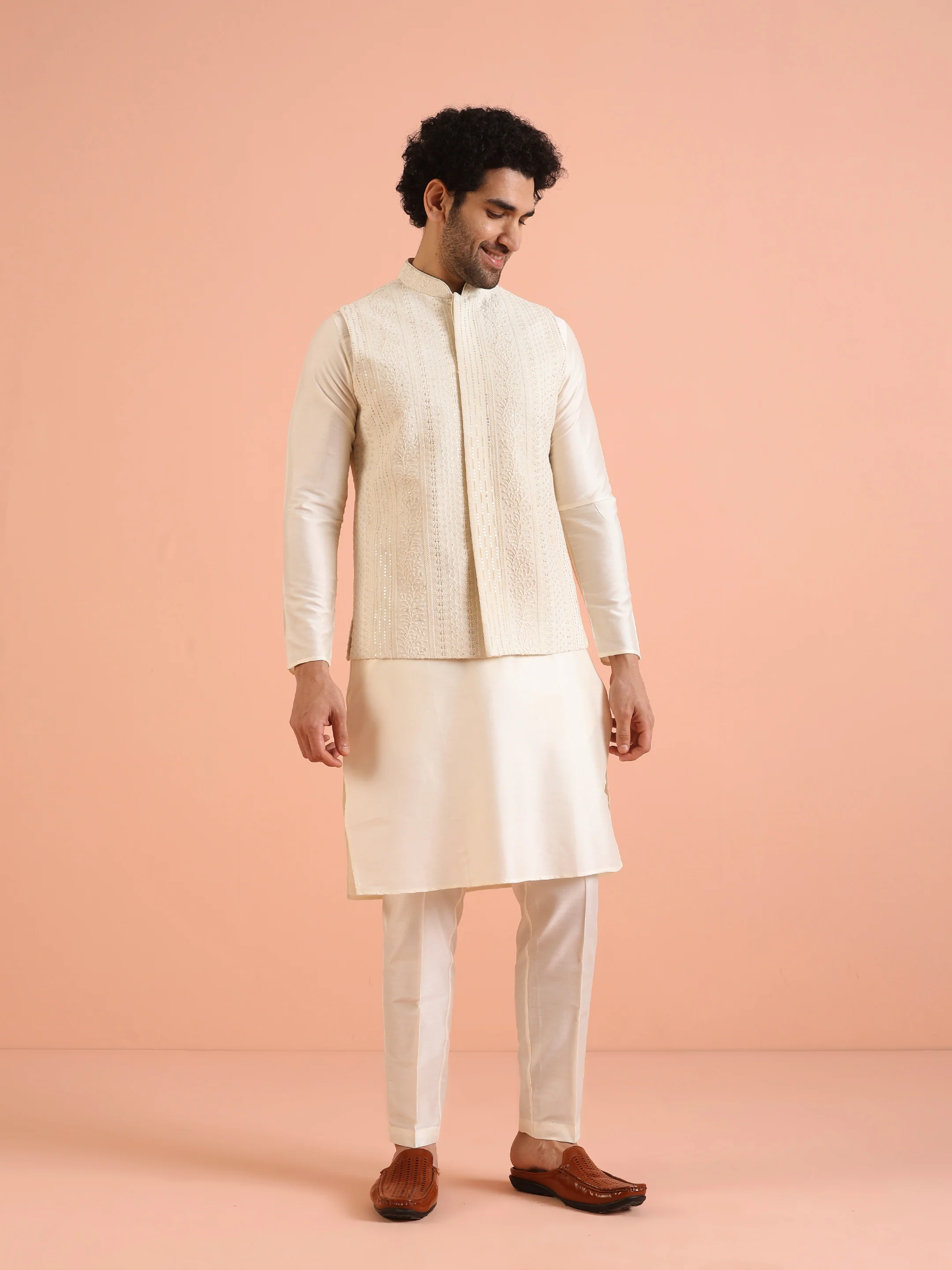 Cream Embroidered Nehru Jacket Kurta Set - Image 9