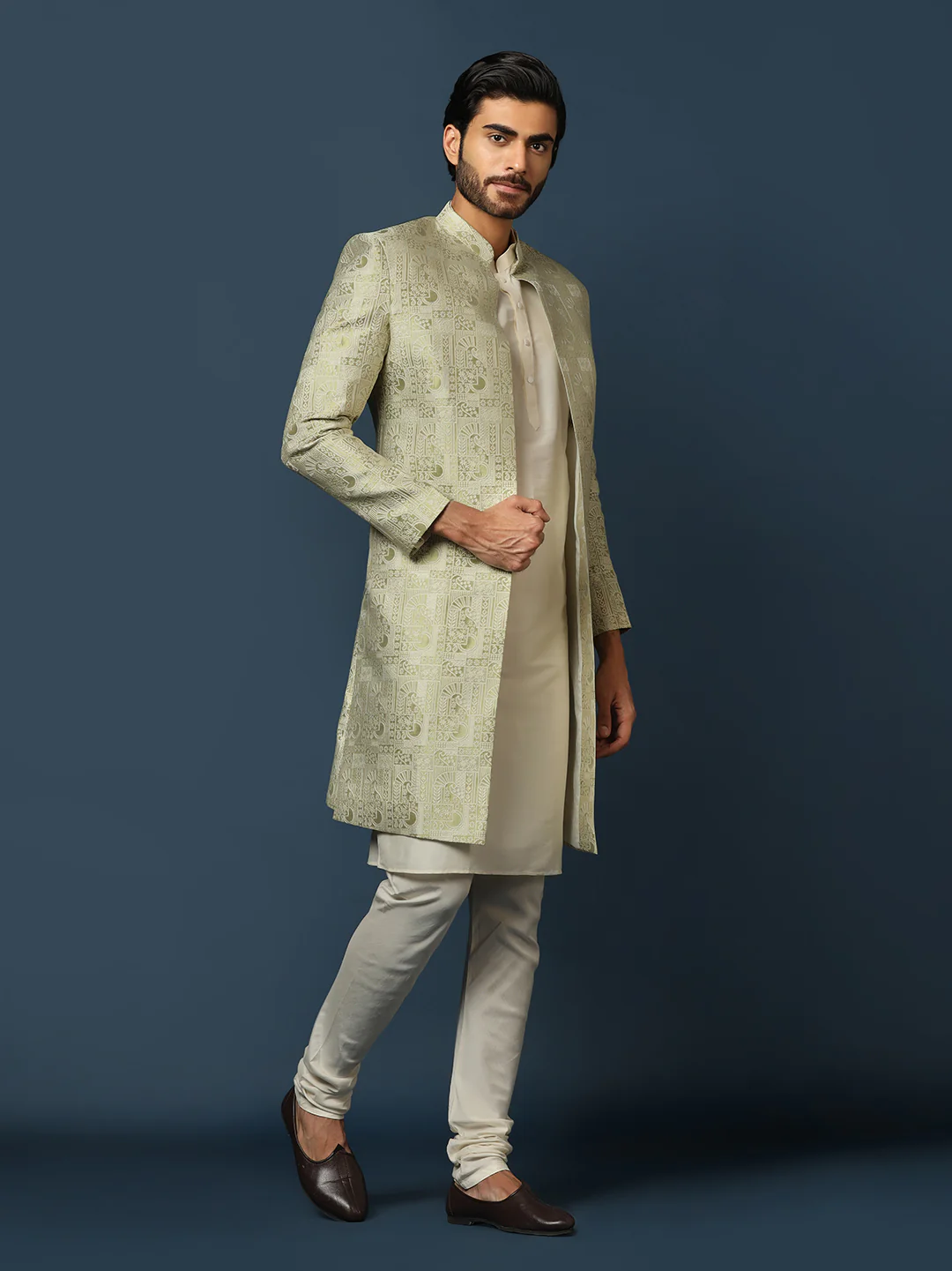 Cream Indo-Western Sherwani Set with Jacquard Jacket and Churidar - Image 3