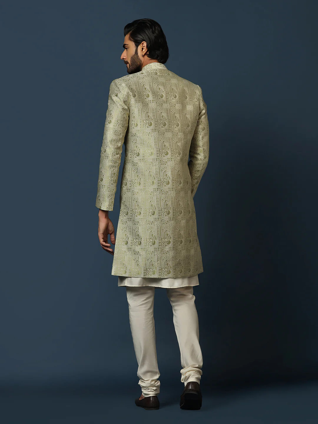 Cream Indo-Western Sherwani Set with Jacquard Jacket and Churidar - Image 4