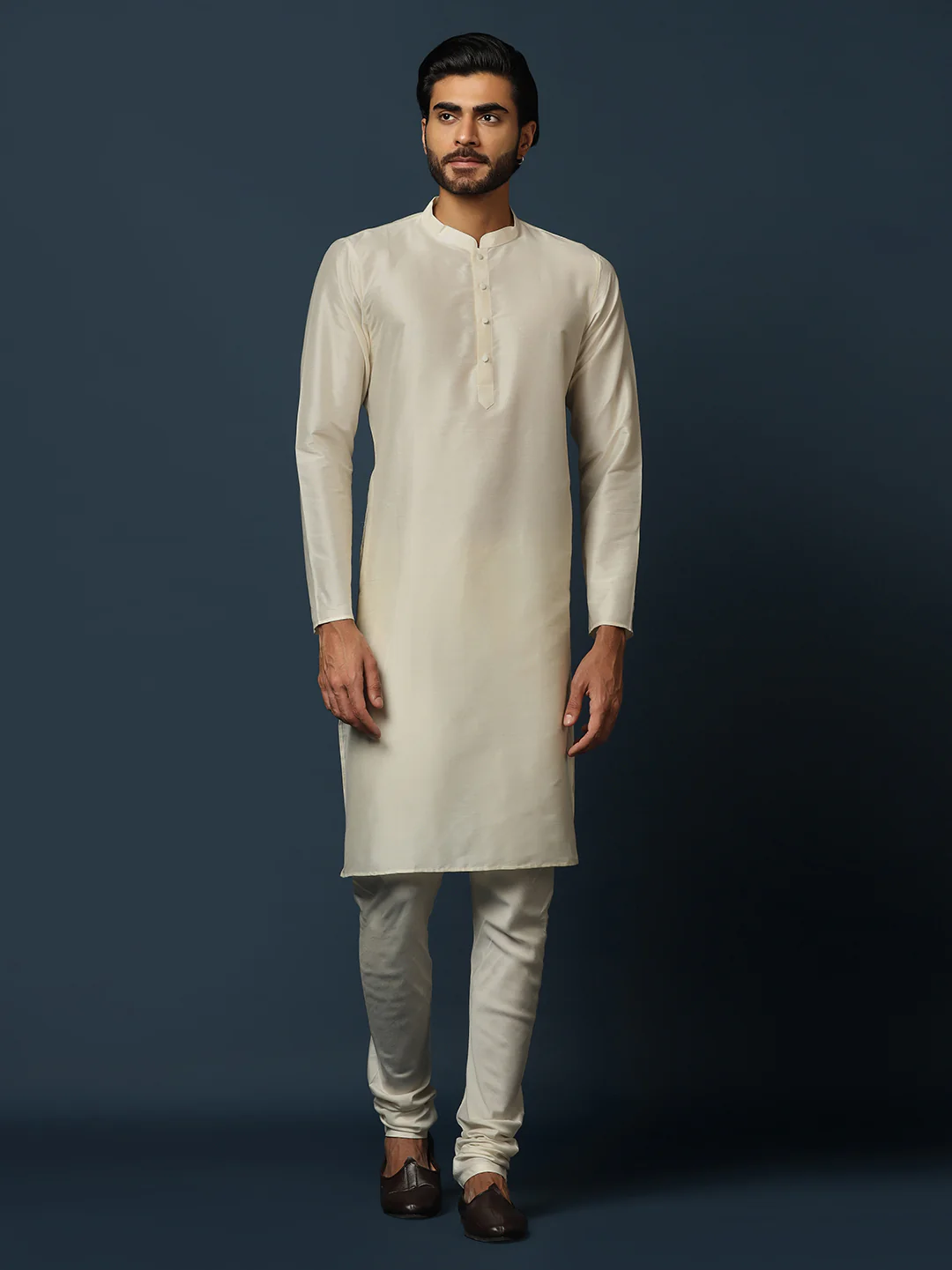 Cream Indo-Western Sherwani Set with Jacquard Jacket and Churidar - Image 5