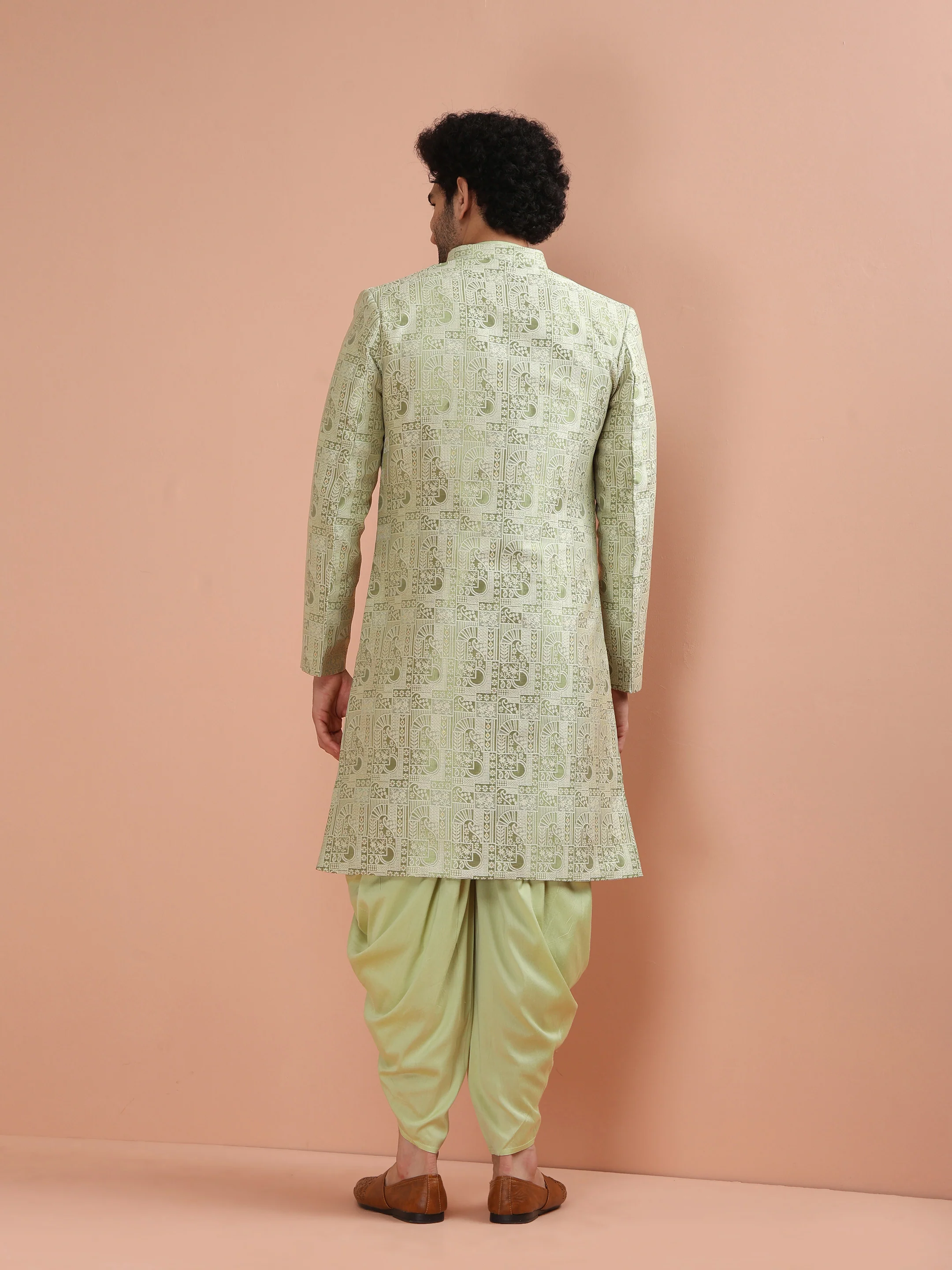 Light Green Silk Blend Embroidered Sherwani Dhoti Set - Image 4