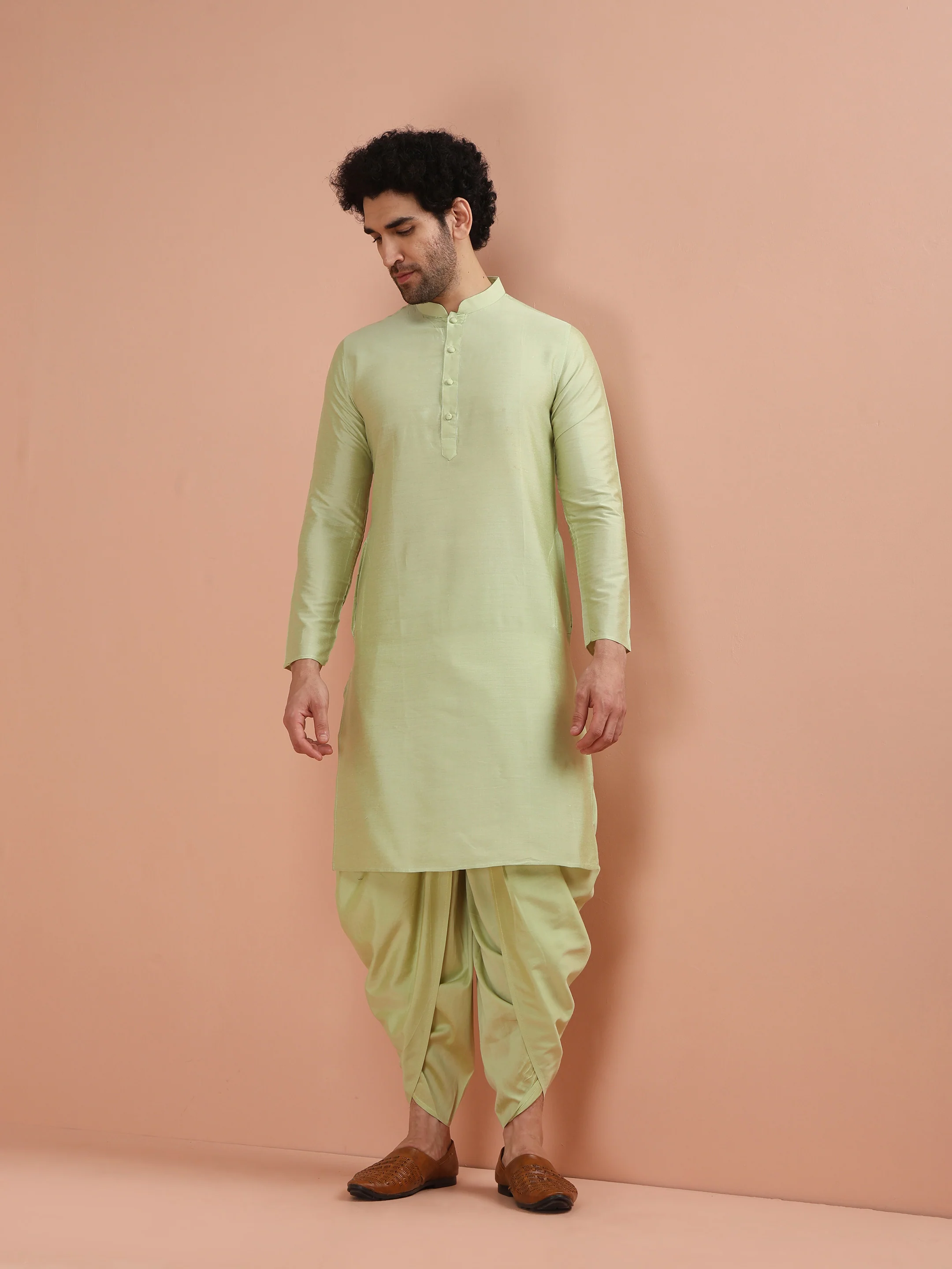 Light Green Silk Blend Embroidered Sherwani Dhoti Set - Image 5