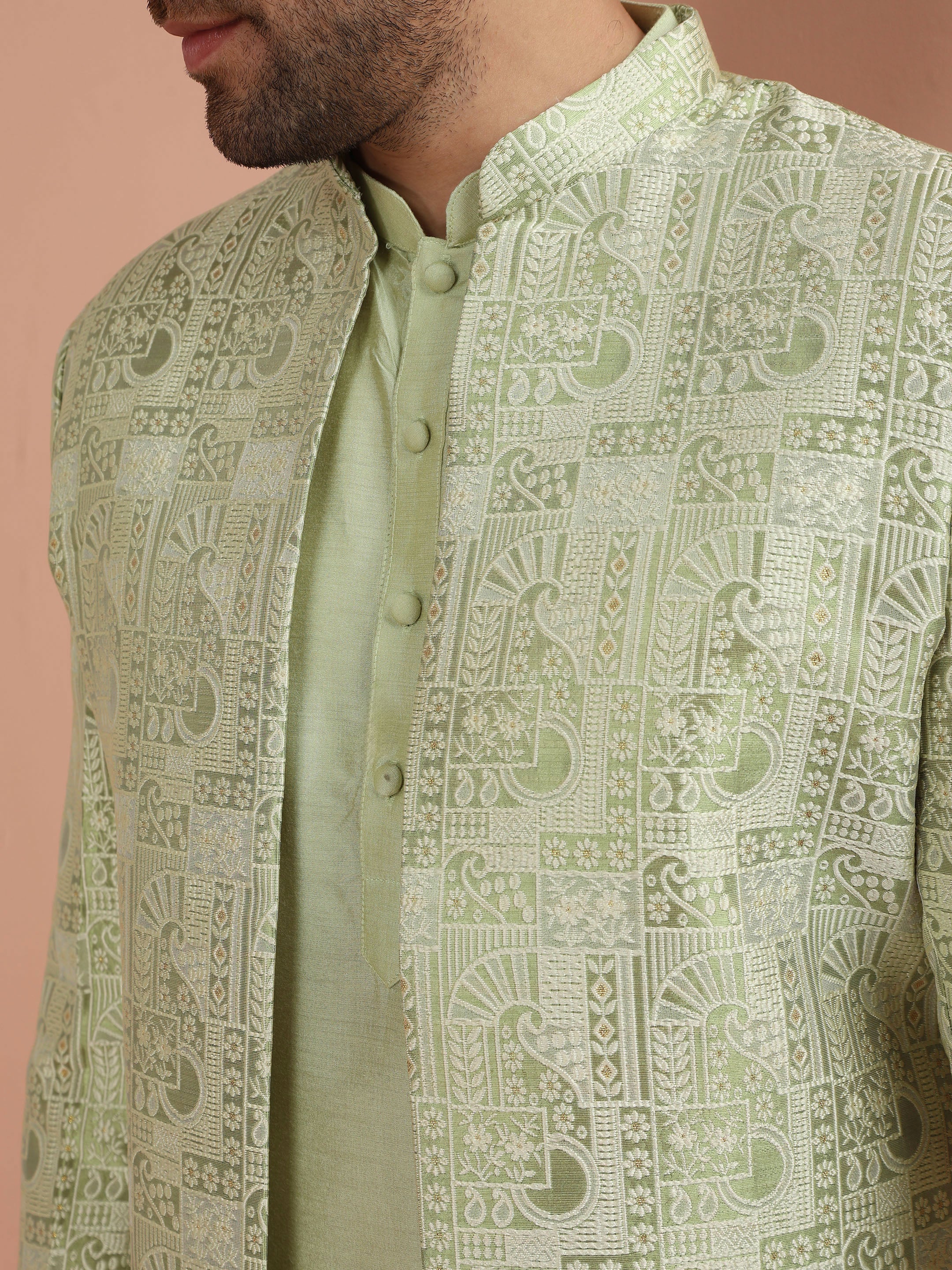 Light Green Silk Blend Embroidered Sherwani Dhoti Set - Image 6