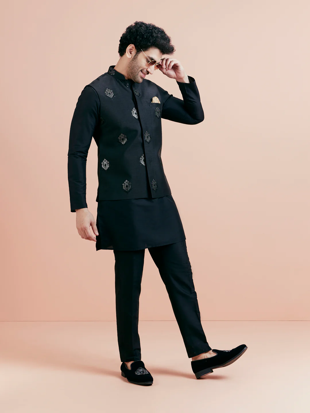 Black Mid Kurta Jacket Trouser Set with Embroidered Nehru Jacket – Festive Wear