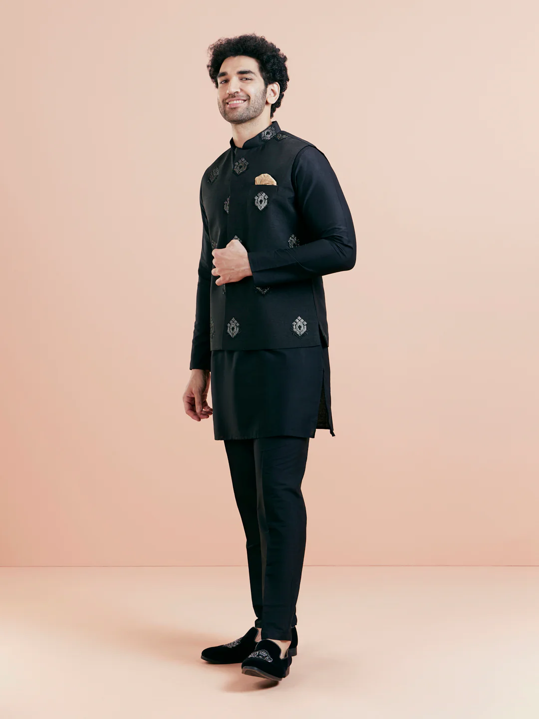 Black Mid Kurta Jacket Trouser Set with Embroidered Nehru Jacket – Festive Wear - Image 2