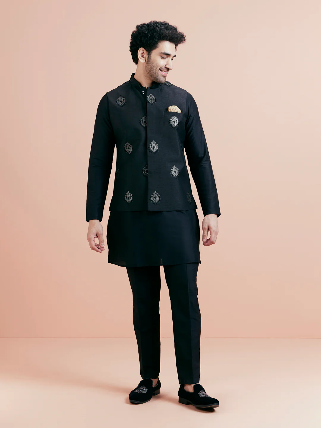 Black Mid Kurta Jacket Trouser Set with Embroidered Nehru Jacket – Festive Wear - Image 3