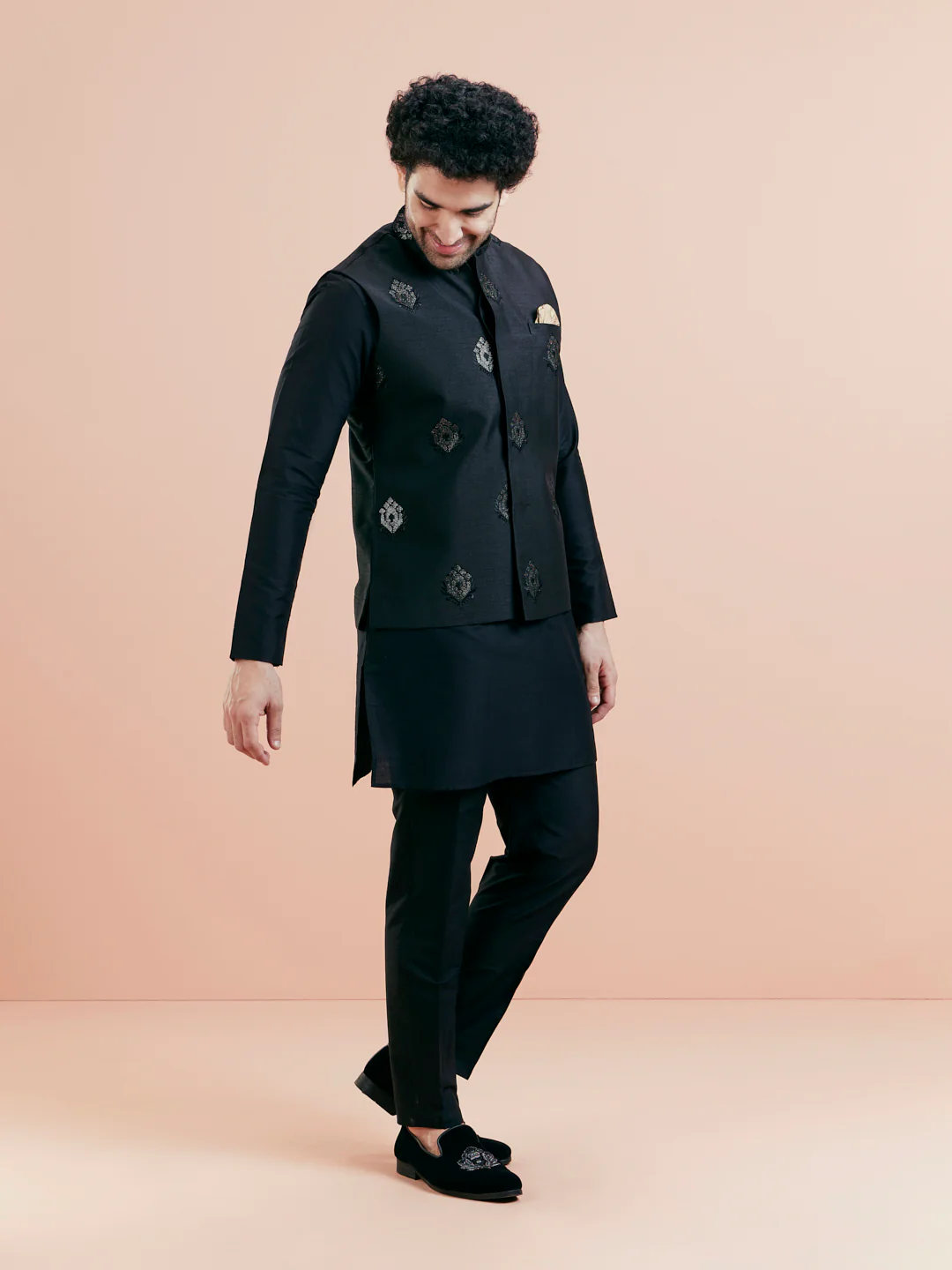 Black Mid Kurta Jacket Trouser Set with Embroidered Nehru Jacket – Festive Wear - Image 4