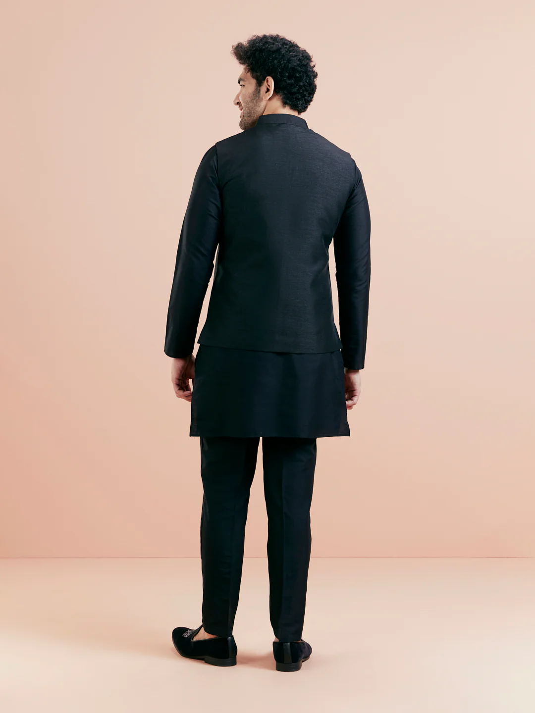 Black Mid Kurta Jacket Trouser Set with Embroidered Nehru Jacket – Festive Wear - Image 5