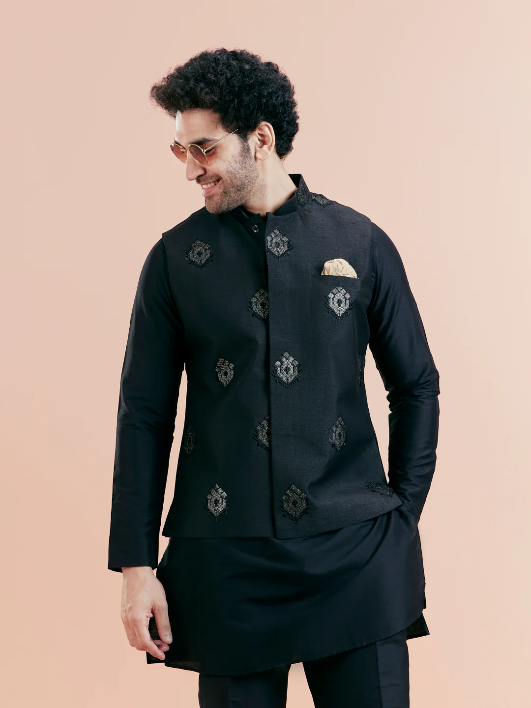 Black Mid Kurta Jacket Trouser Set with Embroidered Nehru Jacket – Festive Wear - Image 6