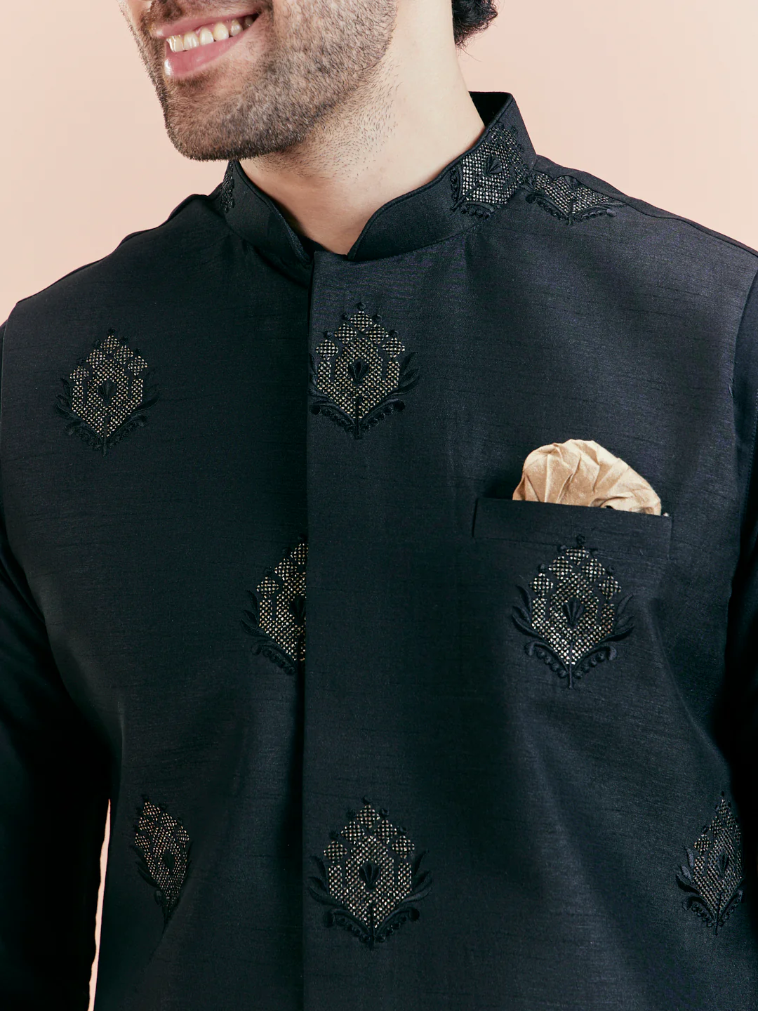 Black Mid Kurta Jacket Trouser Set with Embroidered Nehru Jacket – Festive Wear - Image 7