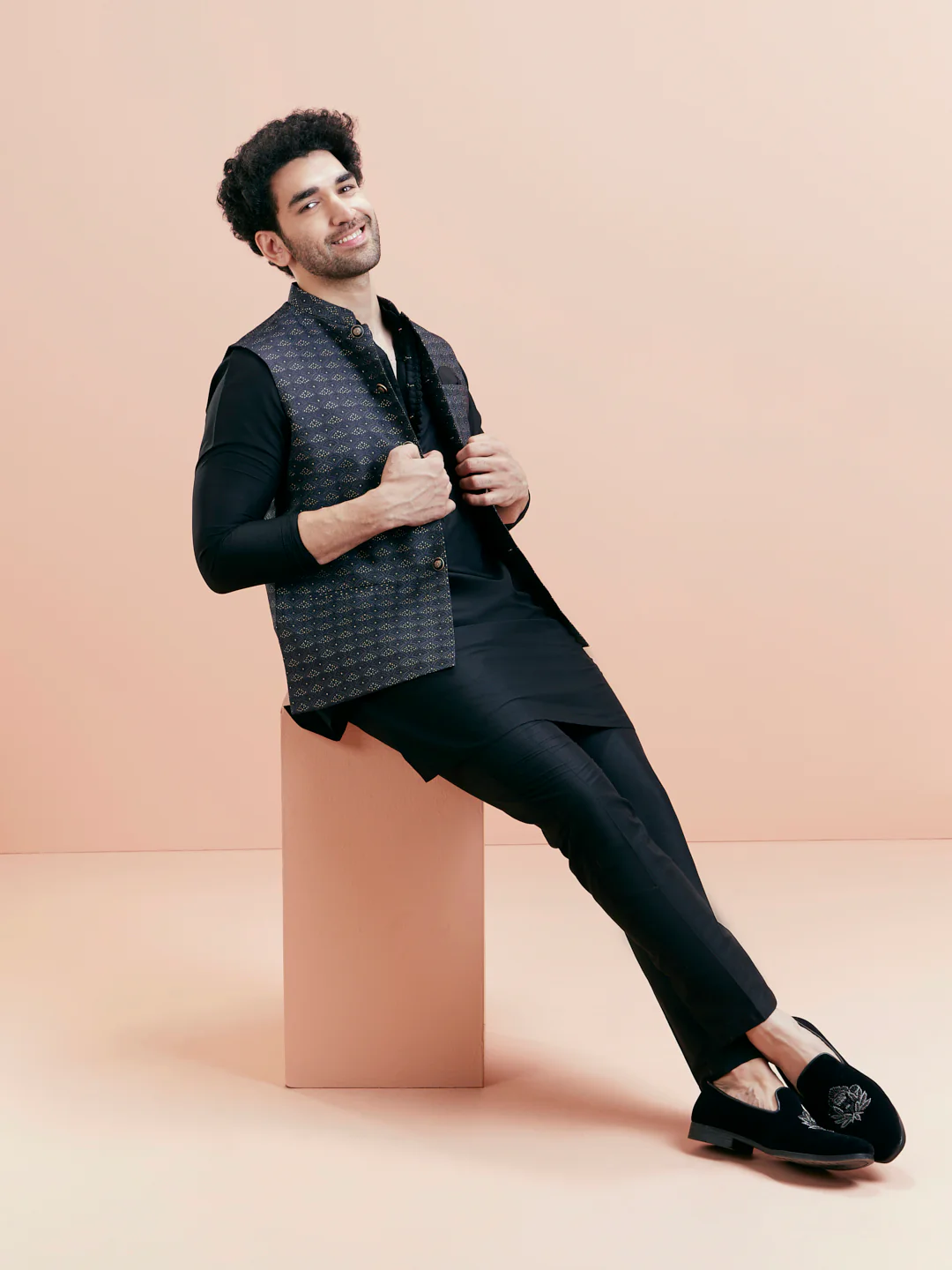 Black Silk Blend Grey Textured Nehru Jacket Kurta Set