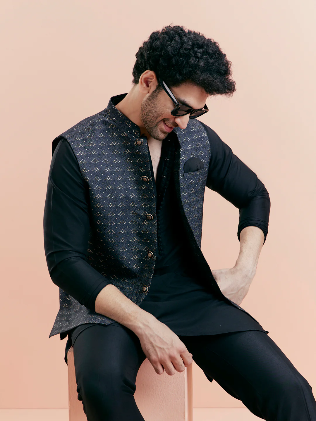 Black Silk Blend Grey Textured Nehru Jacket Kurta Set - Image 2