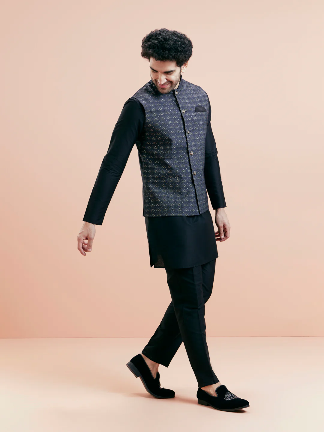 Black Silk Blend Grey Textured Nehru Jacket Kurta Set - Image 3