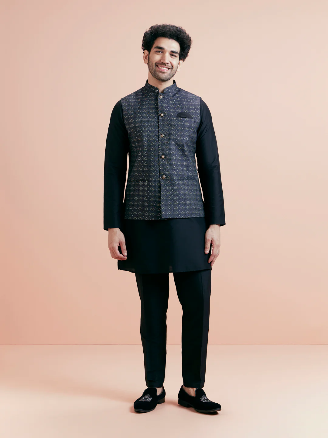 Black Silk Blend Grey Textured Nehru Jacket Kurta Set - Image 5