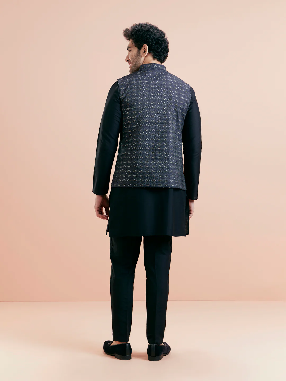 Black Silk Blend Grey Textured Nehru Jacket Kurta Set - Image 6