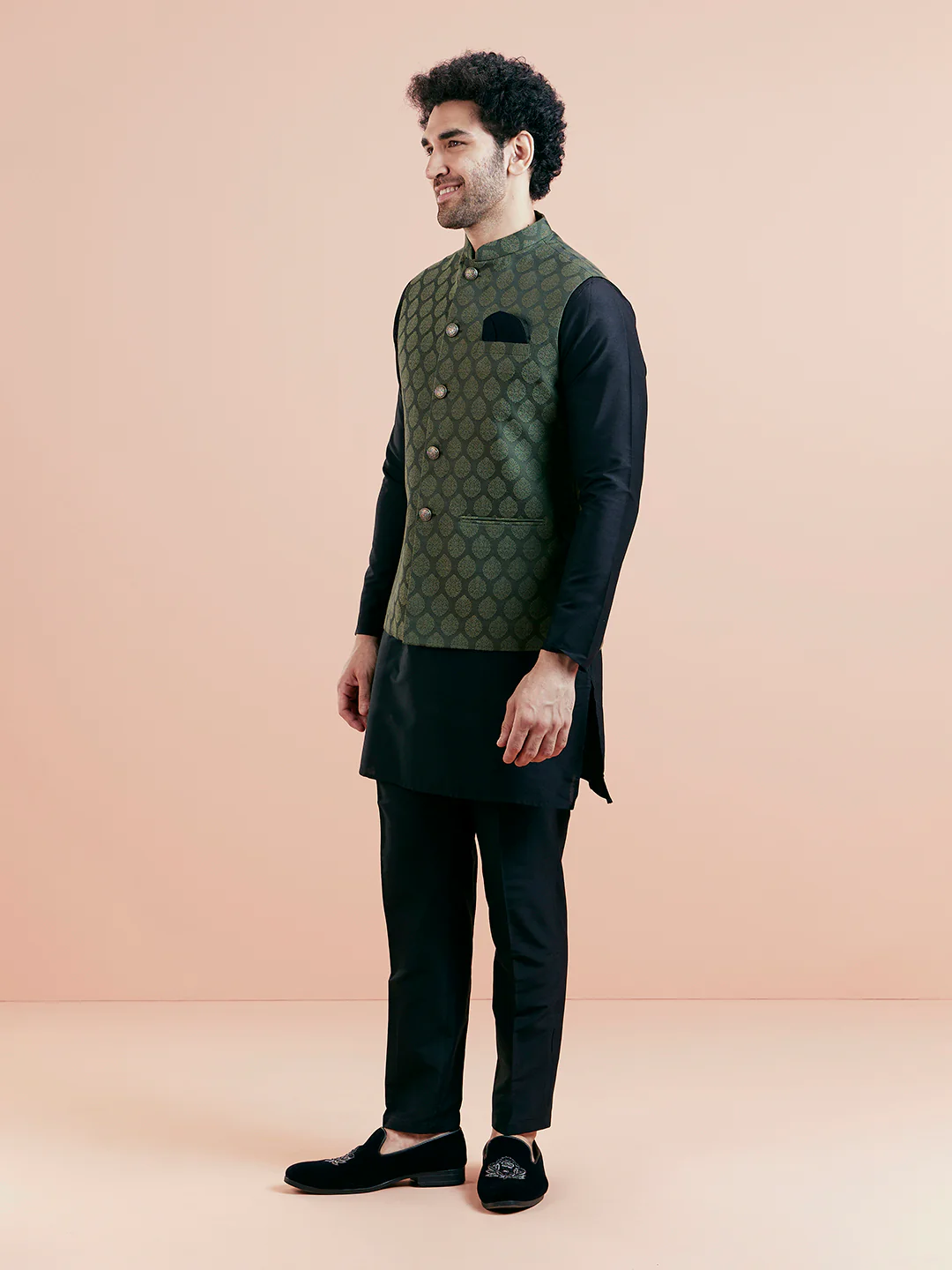 Olive Green Woven Jacket Black Kurta Trouser Set - Image 4