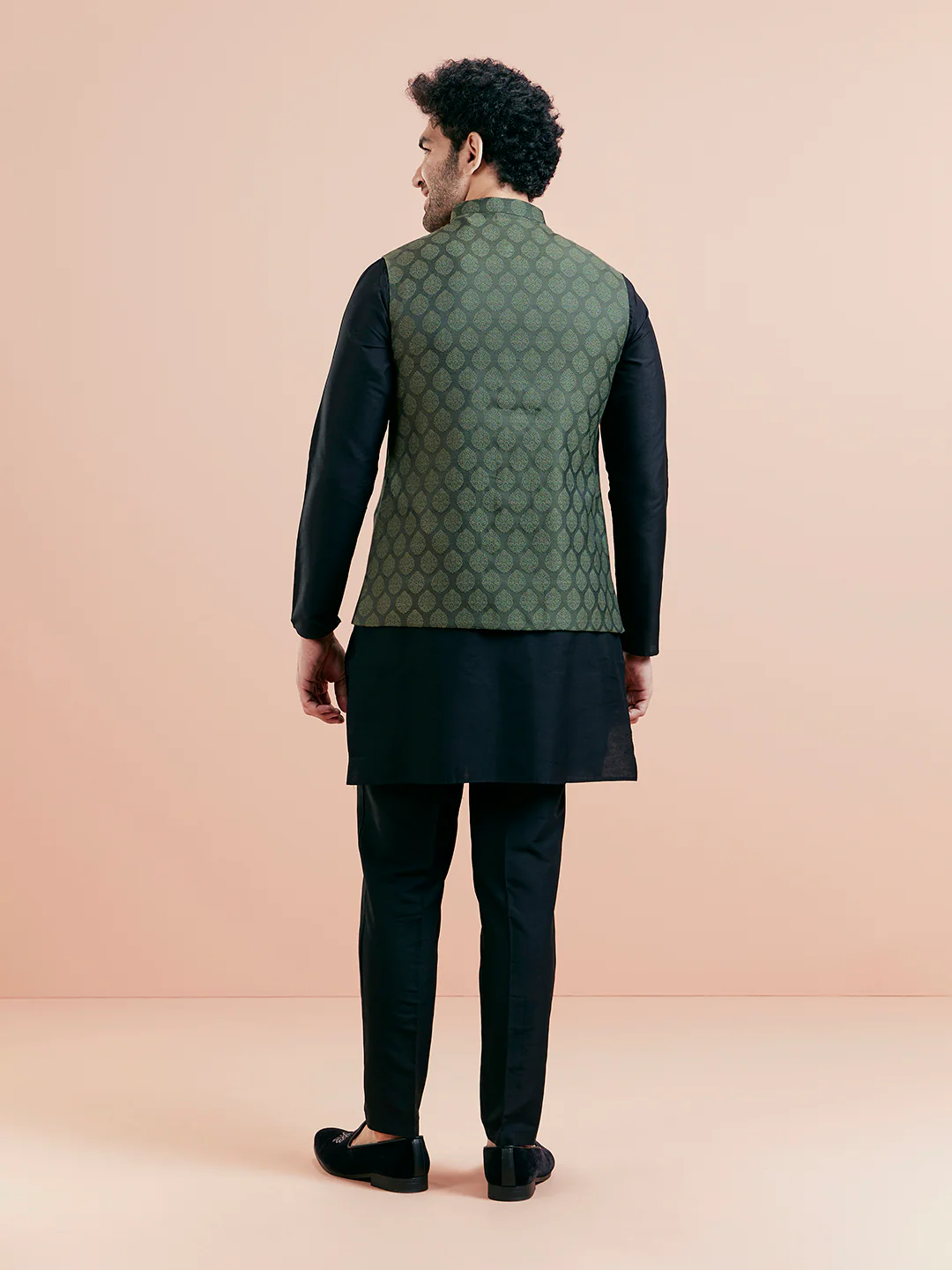 Olive Green Woven Jacket Black Kurta Trouser Set - Image 5