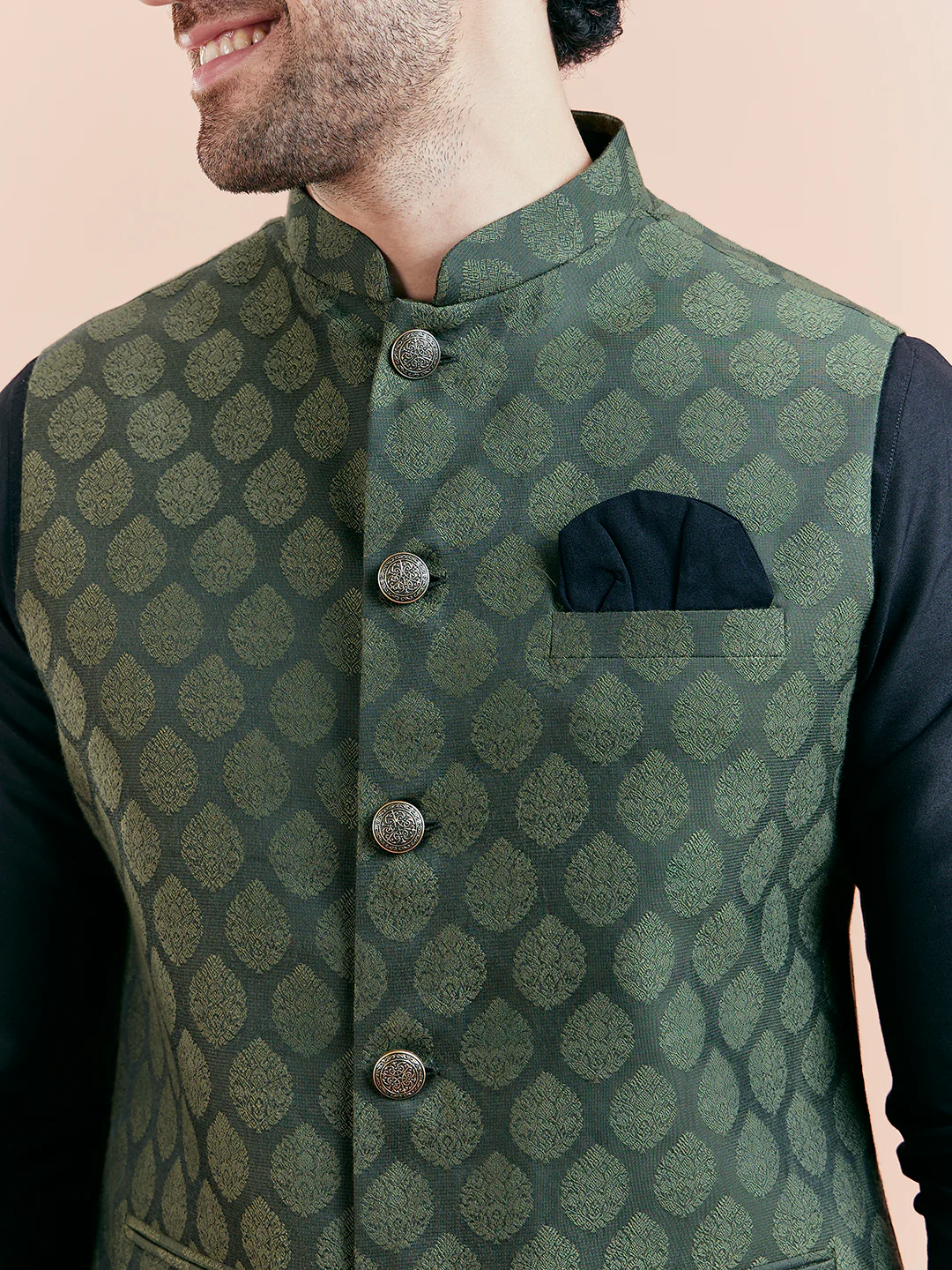 Olive Green Woven Jacket Black Kurta Trouser Set - Image 7