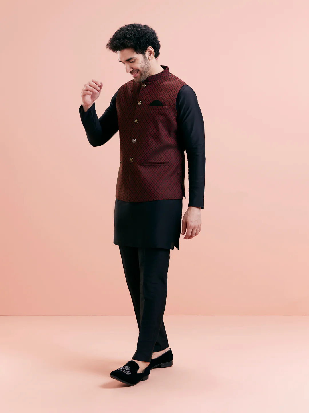 Black Mid Kurta with Maroon Jacquard Jacket Set - Image 4